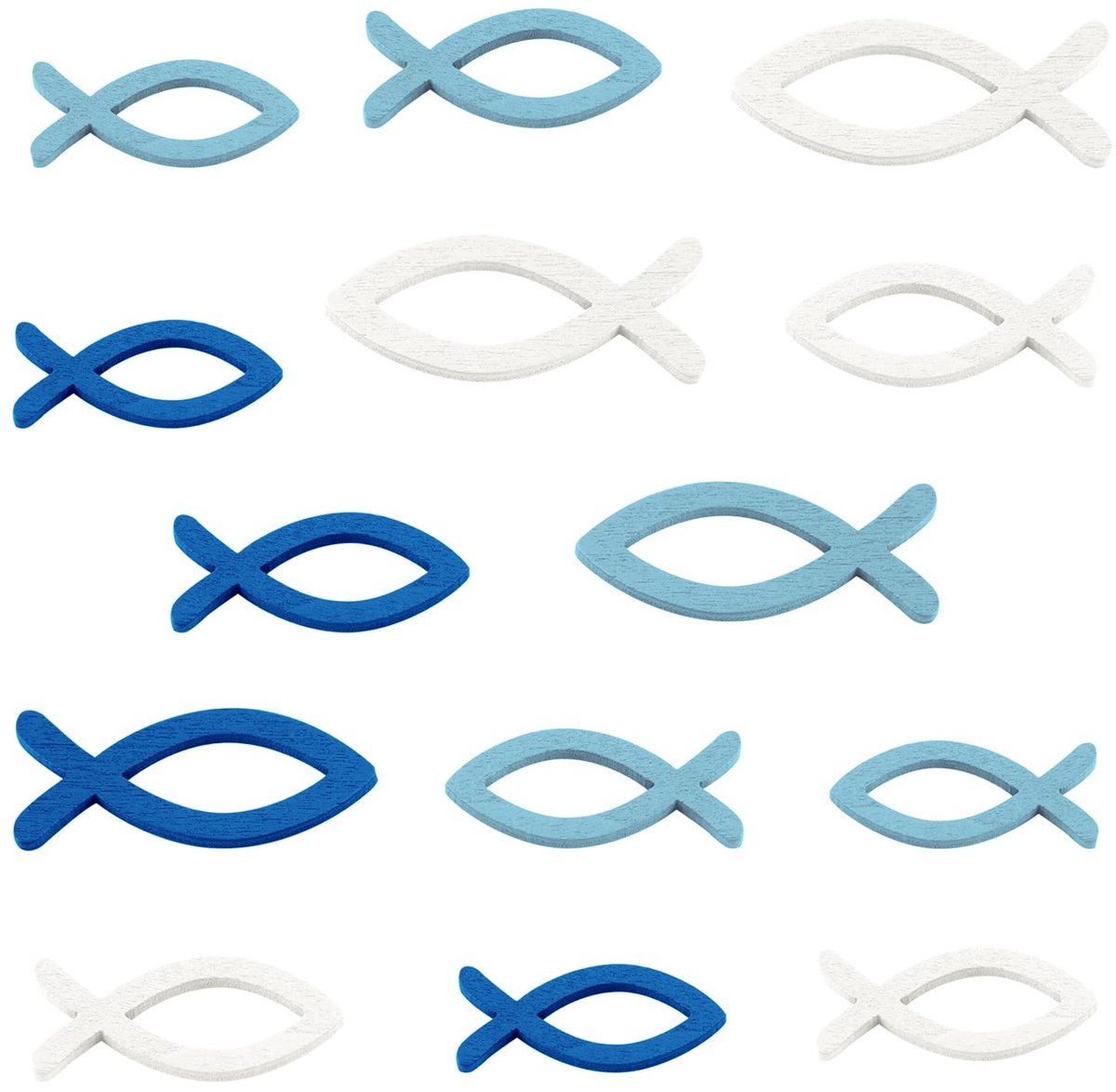 Dailygoods- Decoratieve Vissen - 144 Stuks Houten Tafeldecoratie - Doopdecoratie - Verjaardagsversiering - Cadeau - Donkerblauw/Lichtblauw/Wit - Tafelversiering