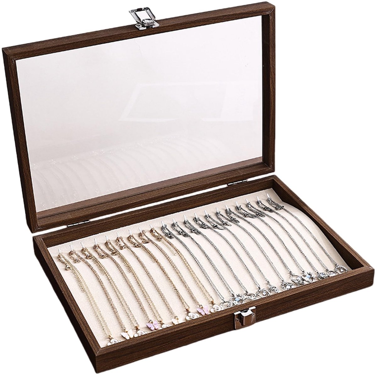 Dailygoods- Sieradenbox met 20 Haken - Juwelenkistje - Organiser voor Kettingen - Vergrendelbare Houder - Walnootkleur - Hoogwaardige Houten Constructie - Juwelendoos