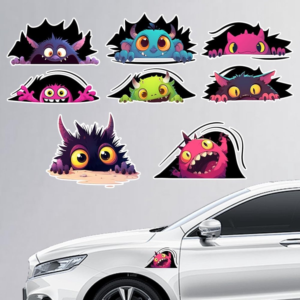 Dailygoods- Autostickers 5 Stuks - Grappige Monster Stickers - Voertuigdecoratie - Vinyl Stickers - Schattige Ogen - 15,5 x 14,8 cm - Voertuigsticker