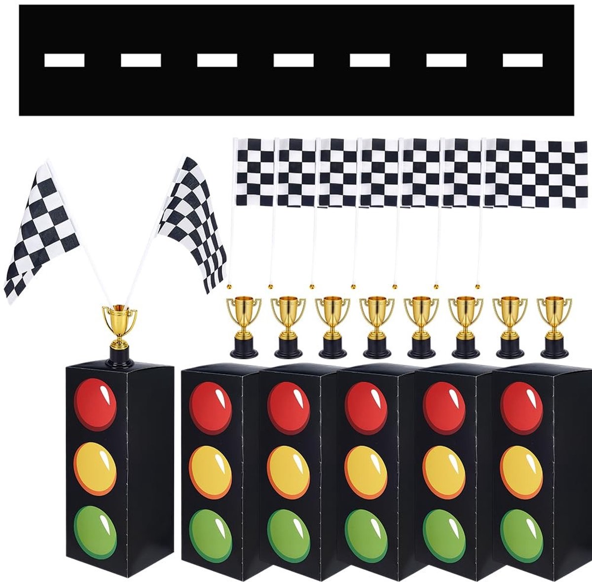 Dailygoods- Feestdecoraties Raceauto Set - 12 Stuks Gouden Trofee - 6 Stuks Verkeerslichtdozen - 1 Stuk Racebaan Tafelkleed - 24 Stuks Racevlaggen - Gemengde Kleur - Feestversiering