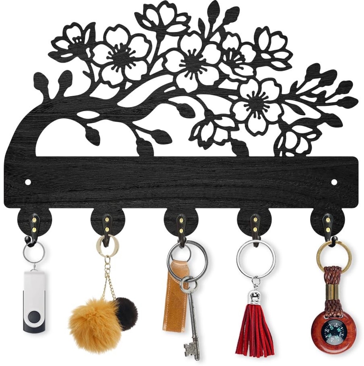 Dailygoods- Sleutelhanger Houten Kersenbloesemmotief - Wandhaak - 5 Haken - Decoratieve Haakhanger - 30 x 20 cm - Duurzaam Hout