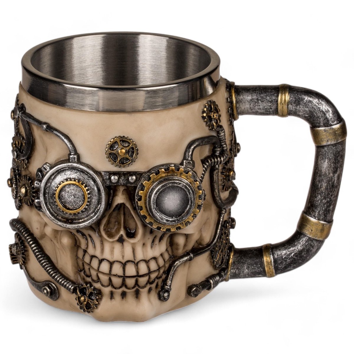 Dailygoods- Bierpul 3D-doodskopdesign - Steampunk Skull - Robuust polyhars - Roestvrijstalen inzetstuk - Inhoud 400 ml - Uniek accessoire - Drinkbeker