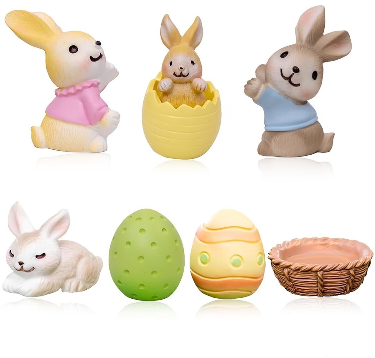 Dailygoods- Paasminiaturen Set van 7 - Hars Figuren - Hazen & Decoratie - Miniatuurtuinen - Feeëntuin - Waterdicht en Gedetailleerd - Miniatuurfiguren