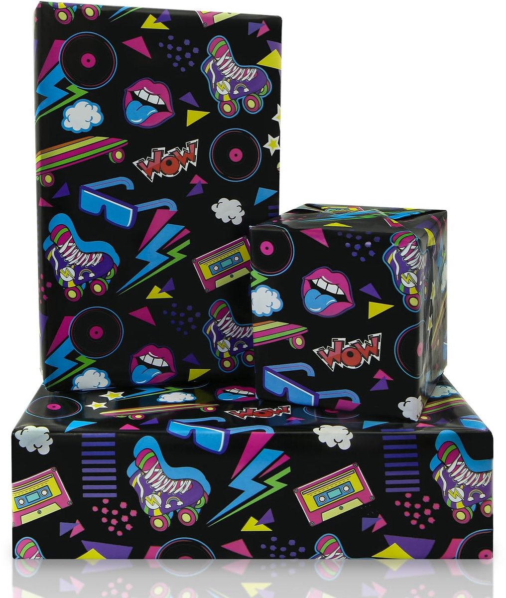 Dailygoods- Inpakpapier Retro Jaren 80/90 - Inpakpapier Verjaardag - Inpakpapier Kinderen - 4 Vellen 50 x 70 cm - Geschenkpapier Neon Graffiti - Perfect voor Feestdagen
