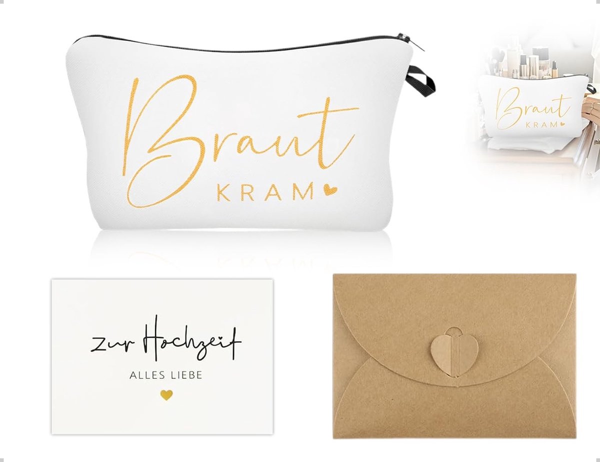 Dailygoods- Make-uptas Bruid - Make-uptas met Spiegel - Bruidstas met Kaarten - Accessoires Vrijgezellenfeest - 18 x 16 x 5,5 cm - Duurzaam Materiaal - Cosmetictas