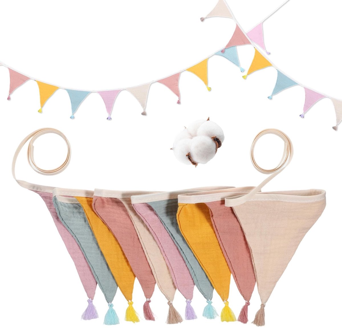 Dailygoods- Vlaggetjesslinger 2,74 m - Katoen - Decoratie met kwastjes - Feestelijke slinger - Kinderkamer - 10 Kleurrijke wimpels - Wimpelslinger