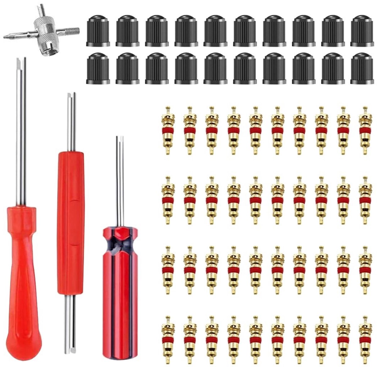 Dailygoods- Ventielreparatiegereedschap Universele Pasvorm - Bandenventielverwijderaar - Ventielsleutel - Ventielinzet 40 Stuks - Ventieldop 20 Stuks - Metalen/Rubber Materiaal - Ventielverwijderaar