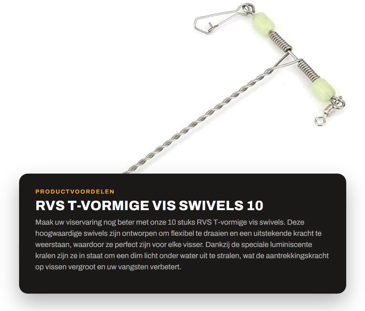 Dailygoods- Vis Swivels 10 Stuks - Roestvrij Stalen T-vormige Swivels - Flexibele Draaiing - Luminiscente Kralen - Vissen Accessoire - 12cm Lengte - Visconnector