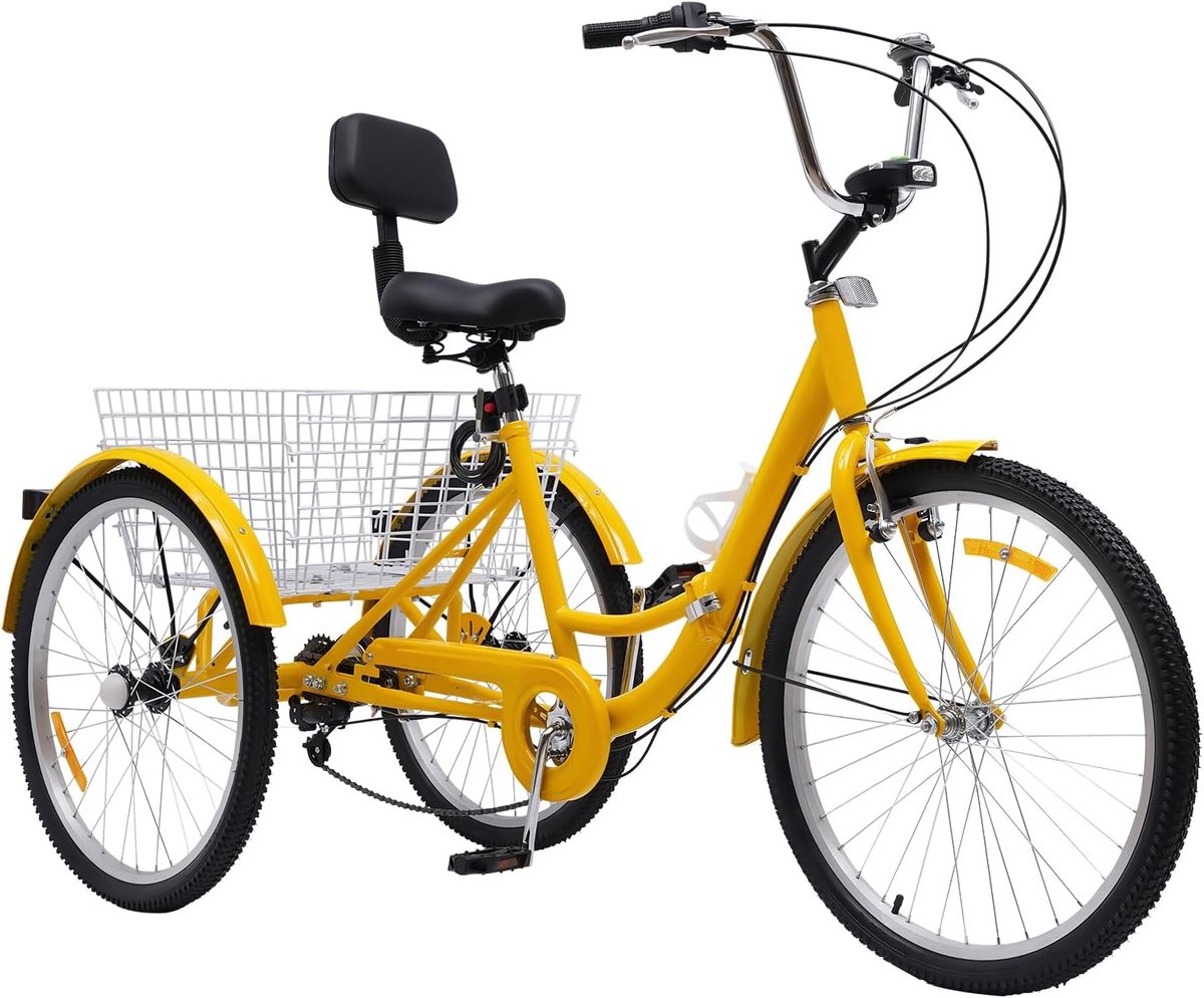 Inklapbare Driewieler - Volwassen Fiets - Comfortabel Vervoer - Met Grote Mand - 24 Inch Wielen - Geel