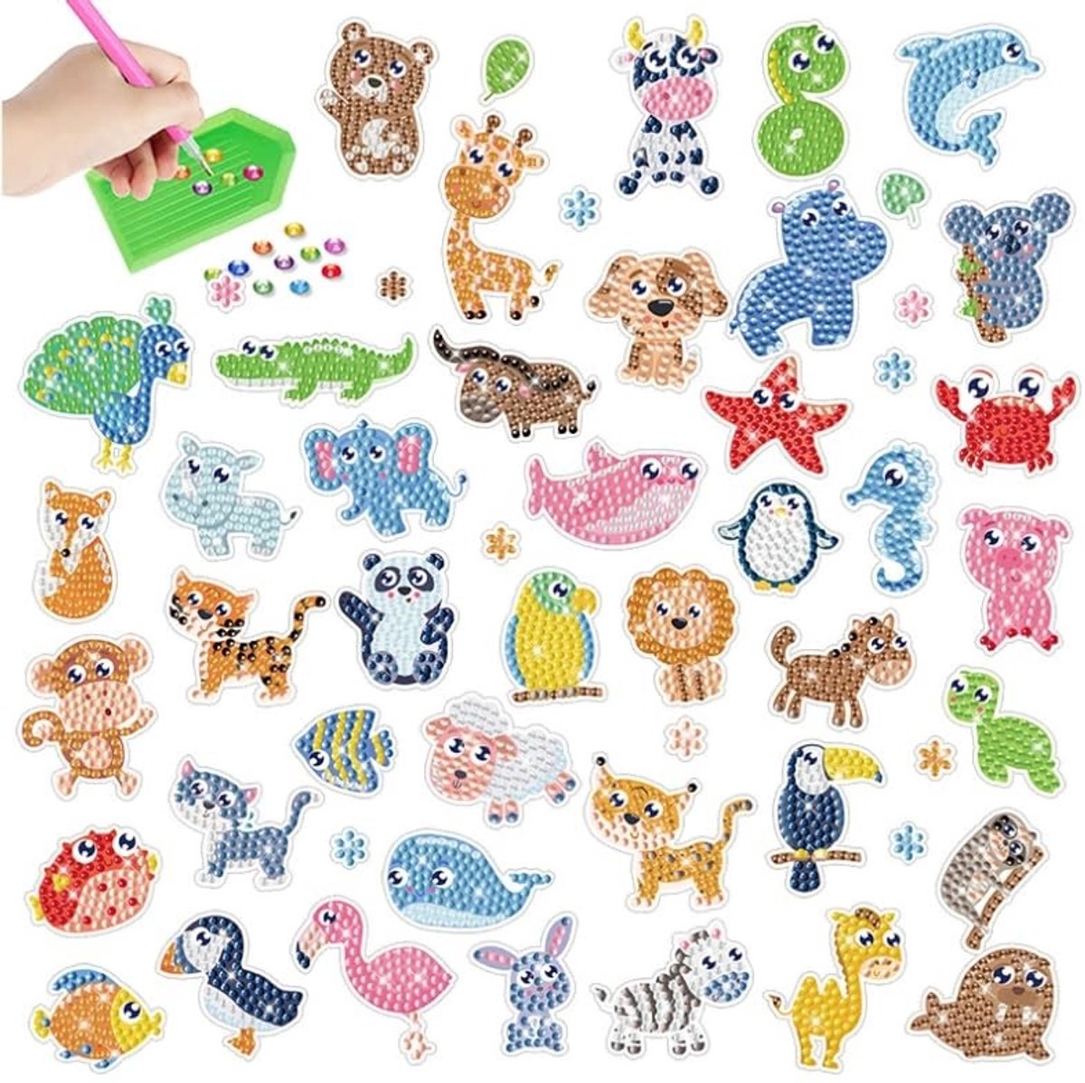 Dailygoods- Dierenstickers 42 Stuks - 5D Diamantkunstset - Doe-Het-Zelf Ambachtelijke Stickers - Decoratieve Muurstickers - Veelkleurig - Veilig en Niet Giftig - Diamant Schilderen