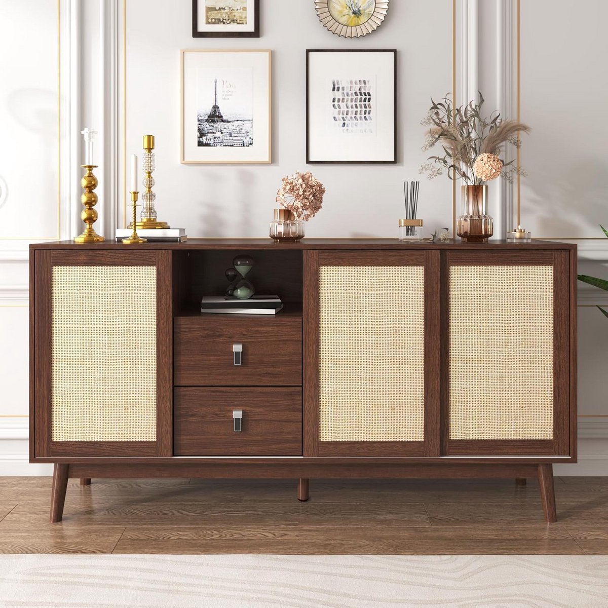 Dressoir met deuren - Opbergkast - Woonkamer Decoratie - Ademend rotan - 155x38x80 cm - Donker hout