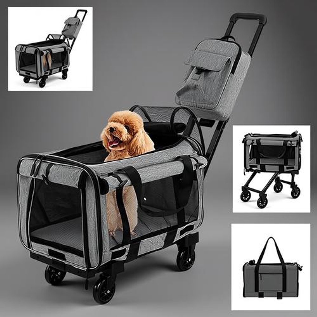 Transportbox voor Kat en Hond met Telescoopgreep, Wielen, Inklapbare Reisbox voor Kleine en Middelgrote Huisdieren, Grijs