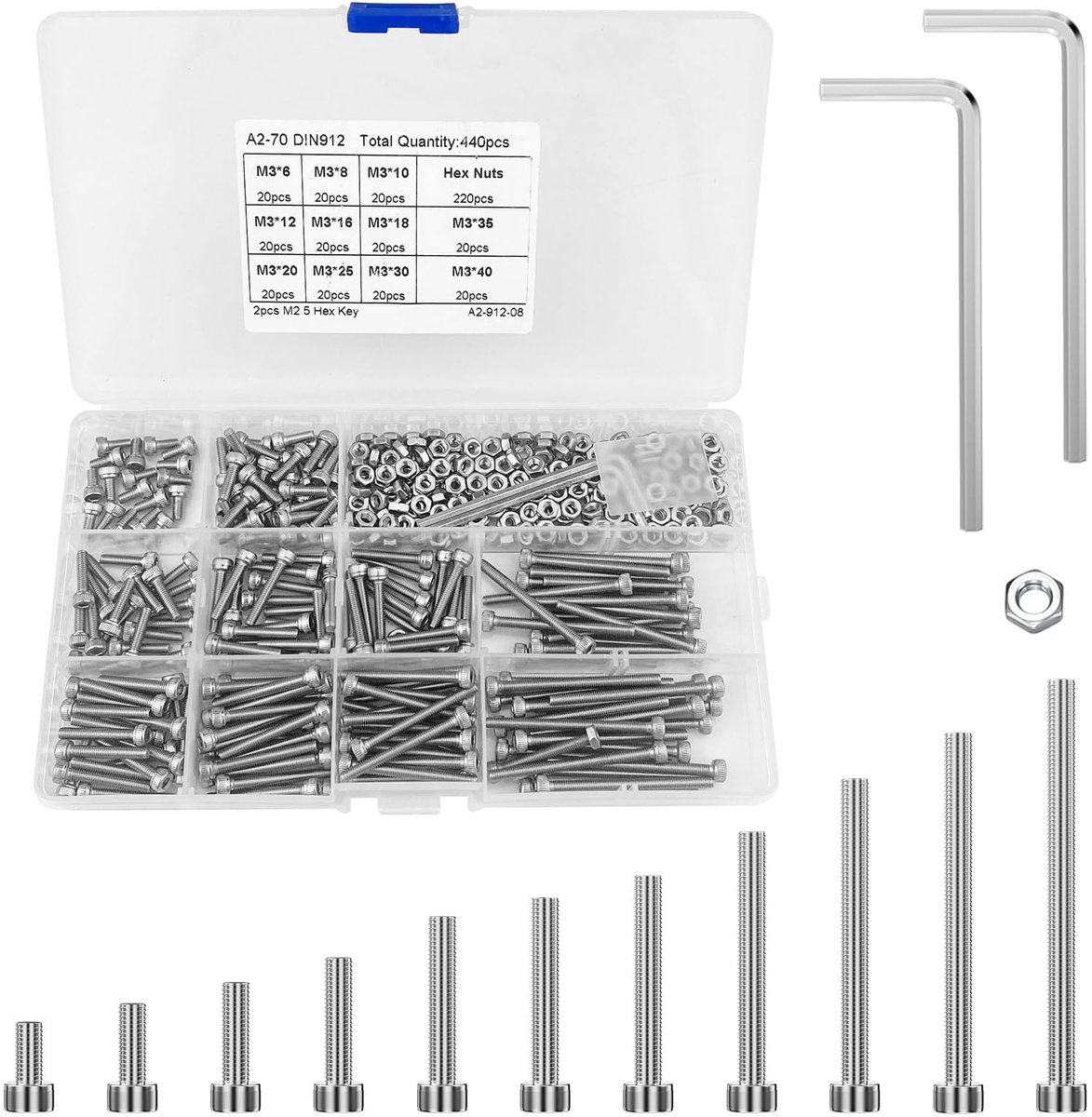 Dailygoods- Schroeven Set 440 Stuks - Roestvrij Staal - M3 Schroeven - Schroeven met Moeren - Corrosiebestendig - Hoogwaardige Materialen - Schroefset