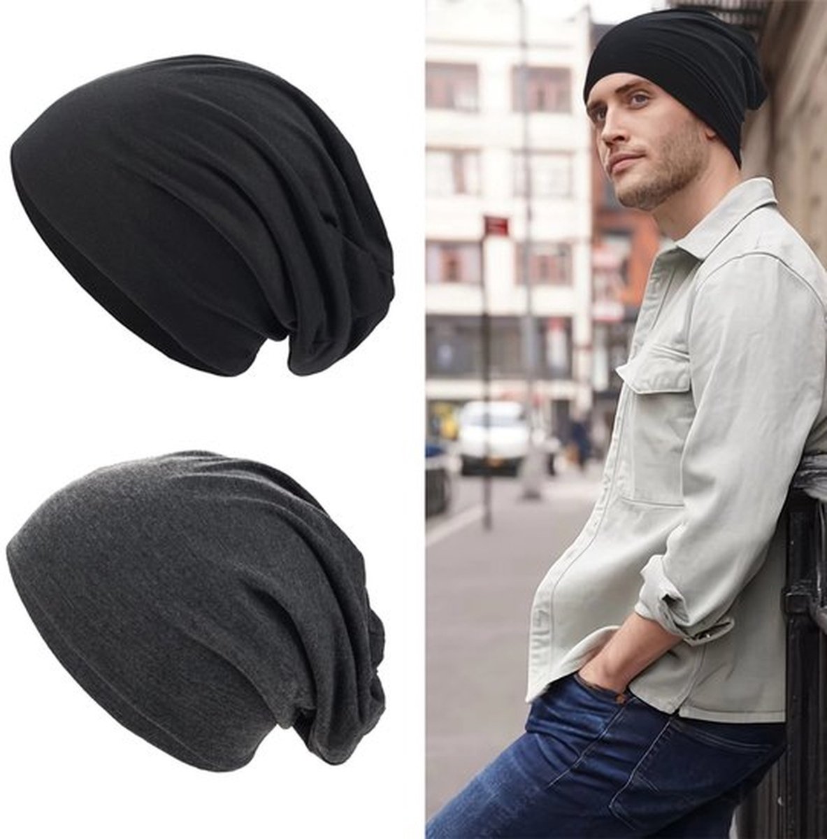 2 stuks slouchy mutsen voor mannen en vrouwen, elastische effen hoed, hiphop mutsen, zachte chemo mutsen, lichtgewicht hardloopmutsen (Zwart + Donkergrijs)