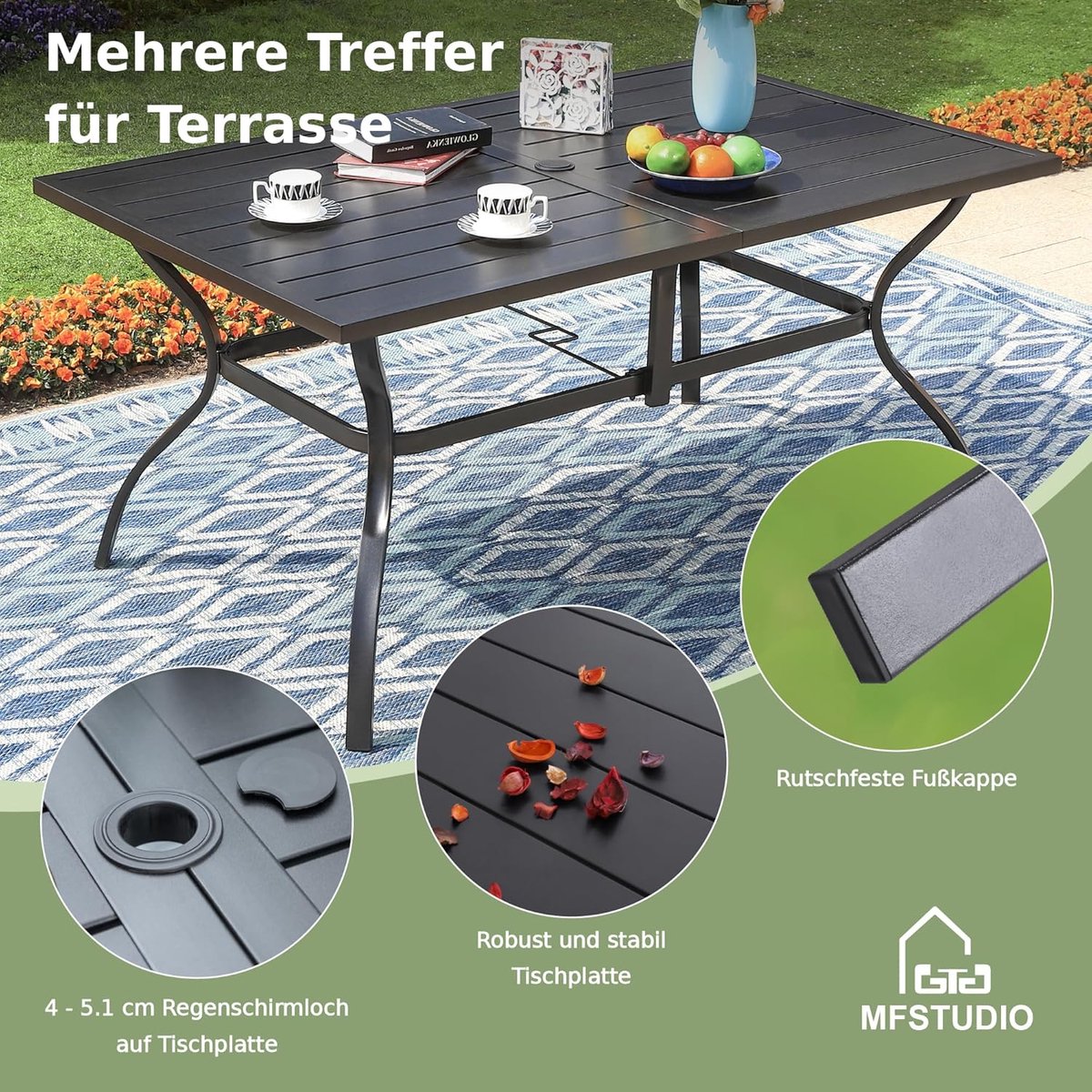 Tuinmeubelset 6 Personen 152x96 cm – Rotan Eettafel Set met Stoelen – Weerbestendig & Roestvrij Stalen Frame – Luxe Outdoor & Indoor Dining Set – Nicolehome