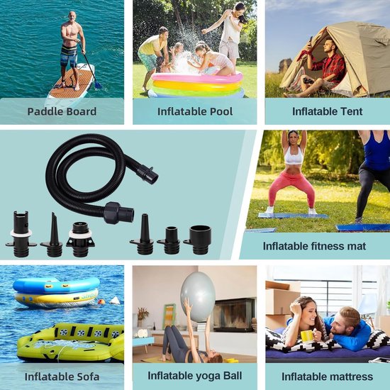 Opblaasbare Adapterset - SUP Ventieladapters - Watersport Accessoires - Zes Verschillende Mondstukken - 1 Meter Slang - Zwart — afbeelding 2