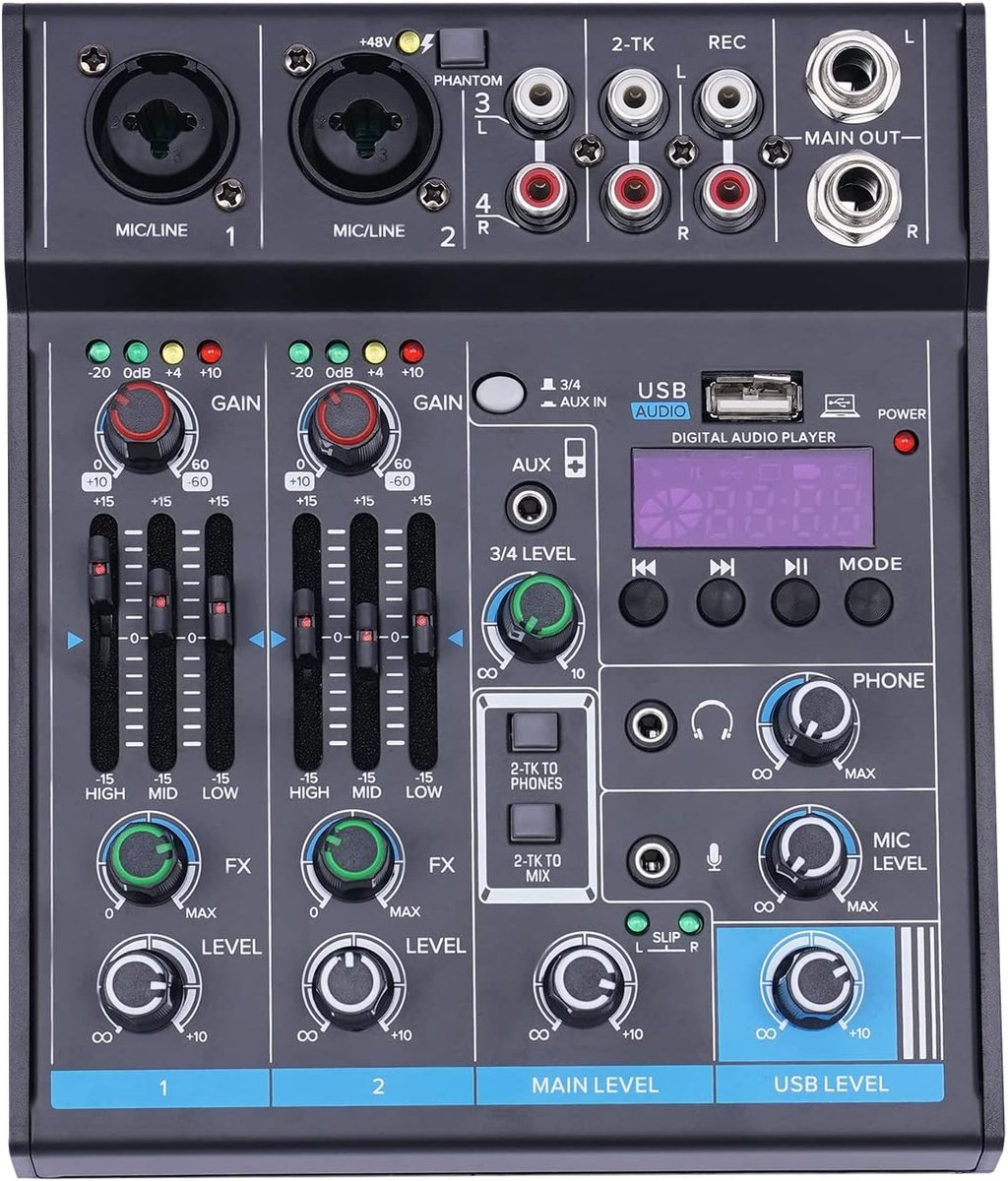 4 Kanaal Mixer - Audio Interface - Live Streaming - Draadloze Bluetooth Connectie - Compact Formaat - Zwart