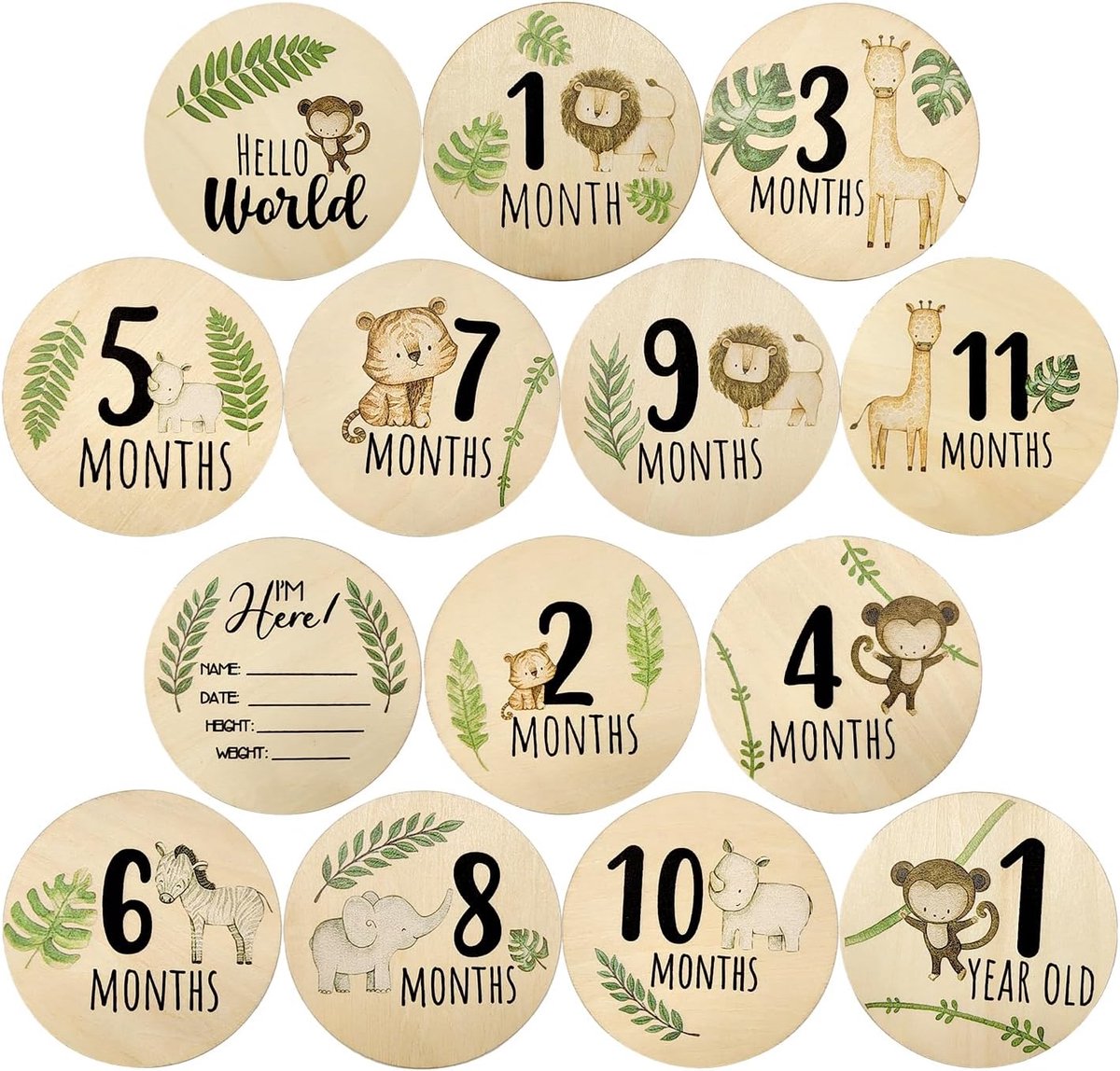 Babymijlpaalkaarten Set - Houten Kaarten - Herinneringen Vastleggen - Dubbelzijdig Ontwerp - 11.9cm Diameter - Natuurlijk Hout