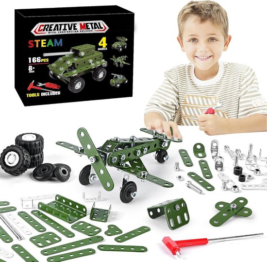 166-delige 4-in-1 Militaire Bouwset – Metaallegering – Educatief Speelgoed voor Kinderen