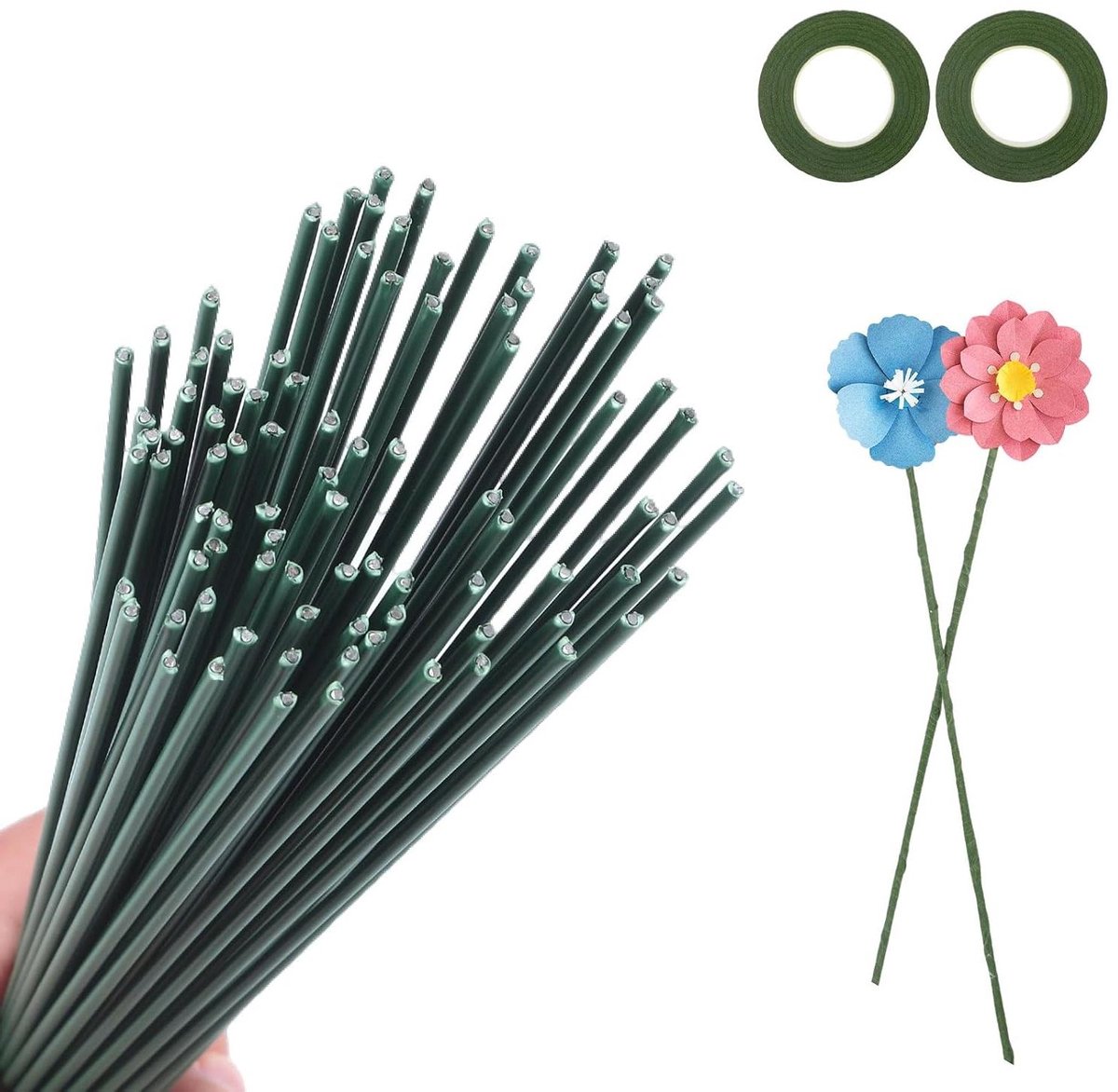 50 stuks bloemendraad, groen, bloemistendraad, 30 cm lange draad, 2 mm pijpenrager om te knutselen, met 2 rollen plakband voor doe-het-zelf bloemstukken en kunstbloemslingers