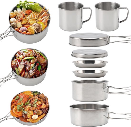 Camping Kookset - Kampeeruitrusting - Buiten Koken - 8 Delig Roestvrij Staal - 23 x 16 x 8.5 cm - Zilver