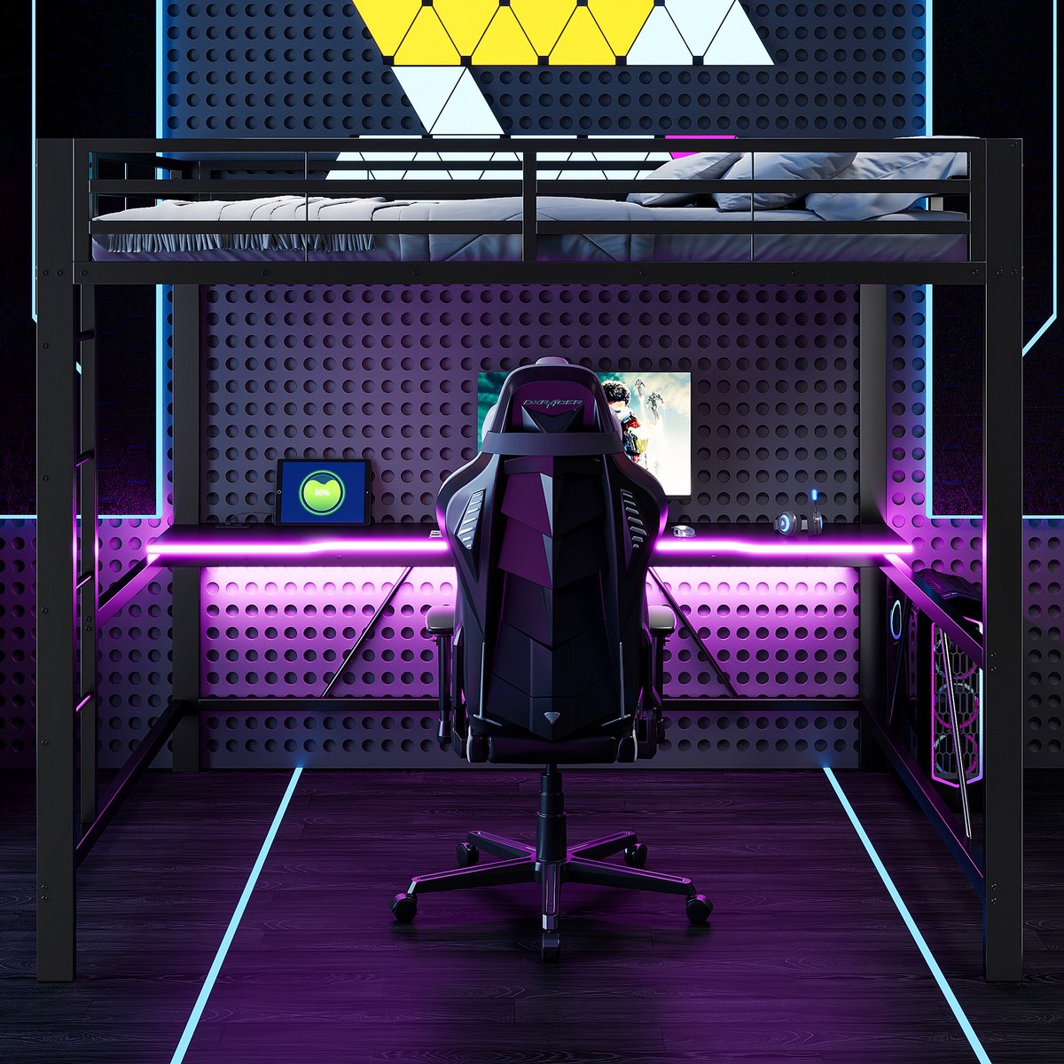 160x200 cm hoogslaper met LED-verlichting - USB-oplaadstation en bureau - zwart - zonder matras