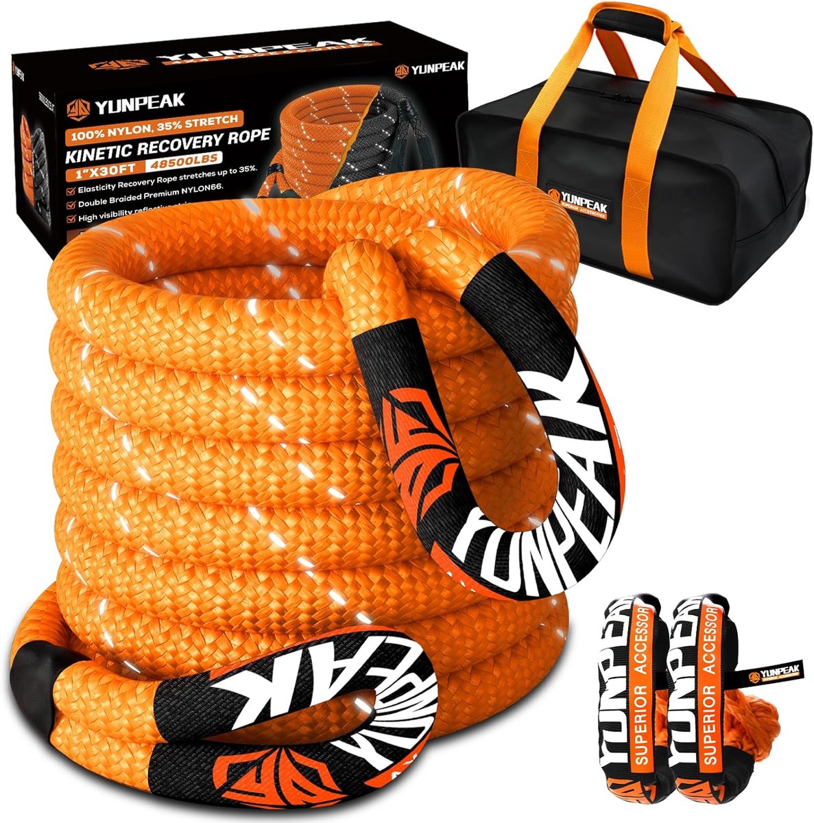 Kinetische Herstelkabel - Sleepkabel Herstel Touw - Offroad Voertuig Herstel - 35% Elasticiteit - 1"x30FT 45000 LBS - Oranje