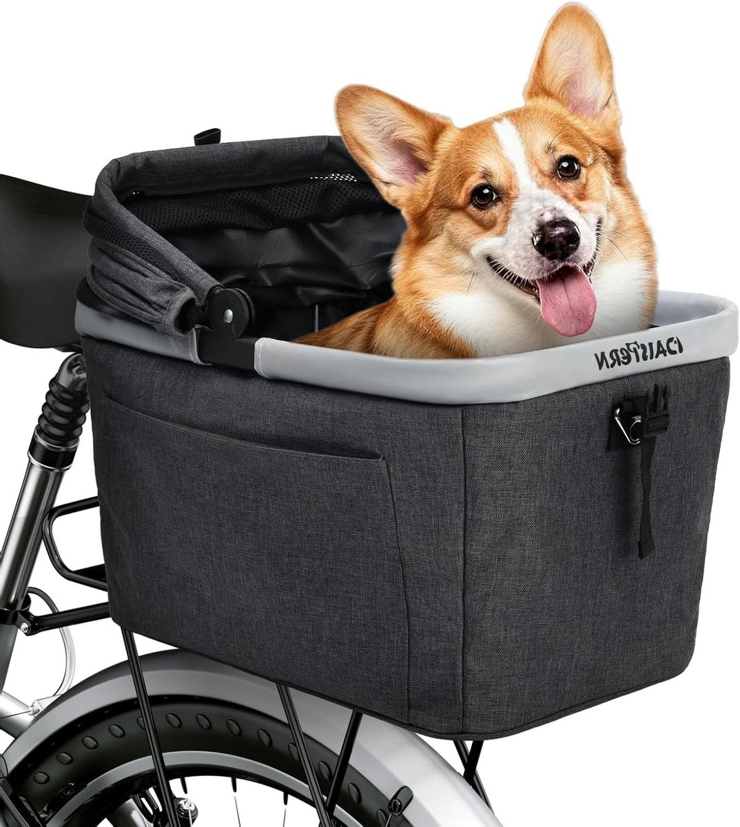 Opvouwbare hondenfietsmand achter tot 10 kg, met metalen frame, PE-dragerplaat, snelmontagehouder voor diameter van 9-12 mm, netvenster, zacht zitkussen, reflecterende strepen