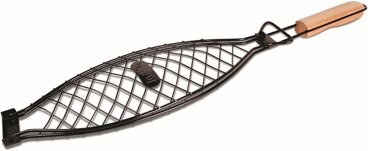Grote Vis Klem Grillmand Roestvrijstaal Houten Handvat Zwart BBQ Accessoire