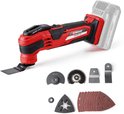 Rode en zwarte multitool met accu, omringd door diverse opzetstukken zoals schuurpapier, schrapers en zaagbladen.