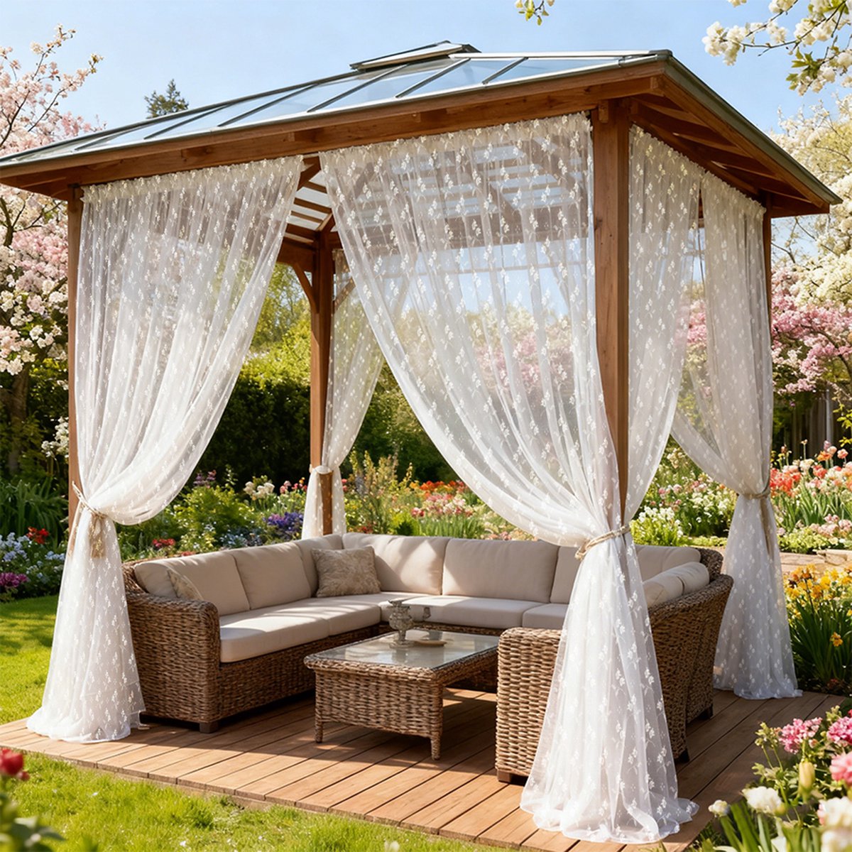 Qelus Decoratief Vliegengordijn voor Buiten - Vitrage - Set Van 2 - Buitengordijnen met Bloemenpatroon - Anti-Muggennet met Tunnelzoom - Kant en Klaar Patio & Balkon - 155x305cm - Wit