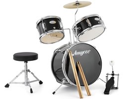 Compleet 3-Delig Kinder Drumstel - Zwart - Inclusief Krukje, Pedaal en Drumstokken - Voor Beginners