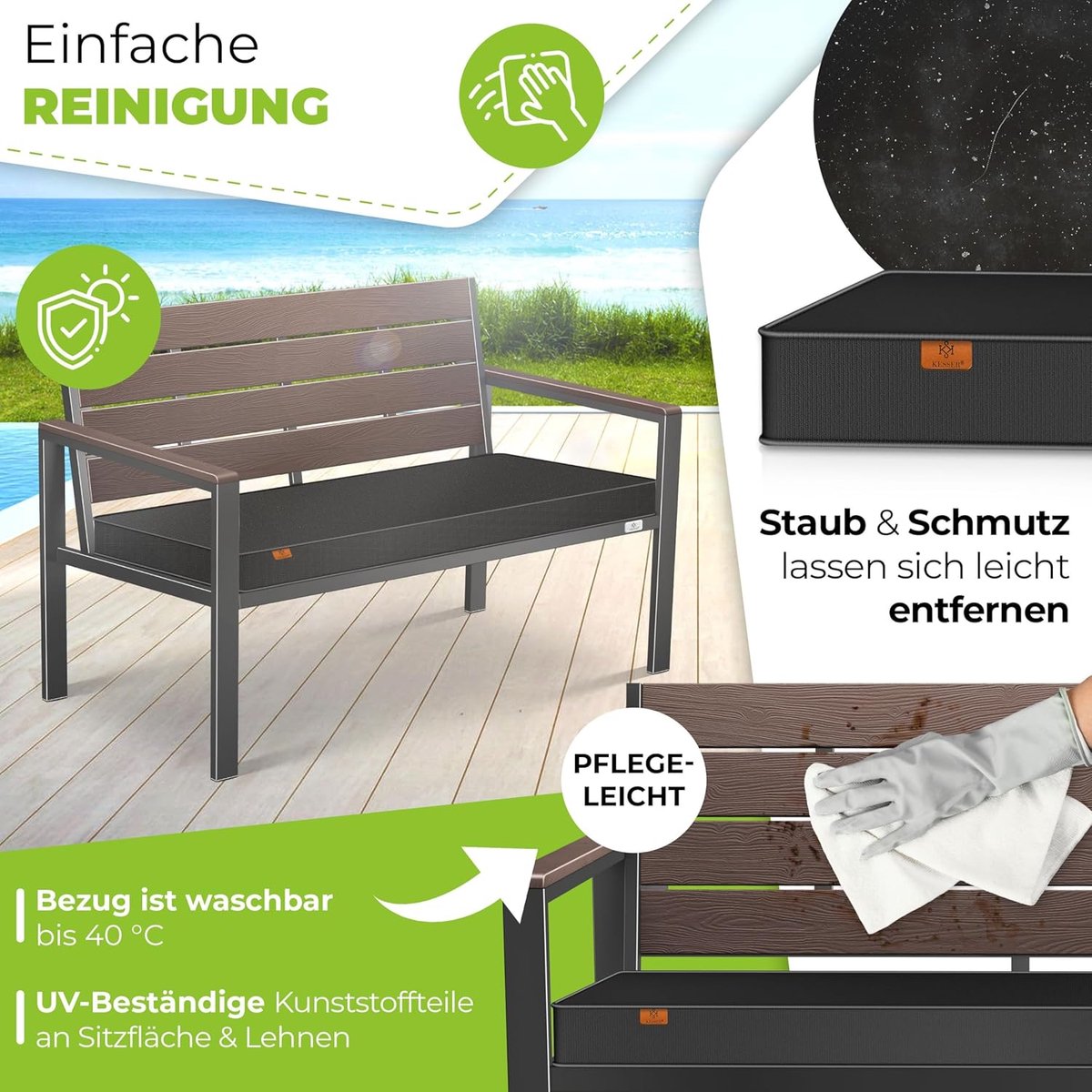 Tuinbank 2-zits 120x64x78 cm met kussen – Weerbestendig, UV-bestendig, Modern Balkon- en Parkbankje voor Tuin, Terras of Balkon – Inclusief Afneembare en Wasbare Bekleding – Laura