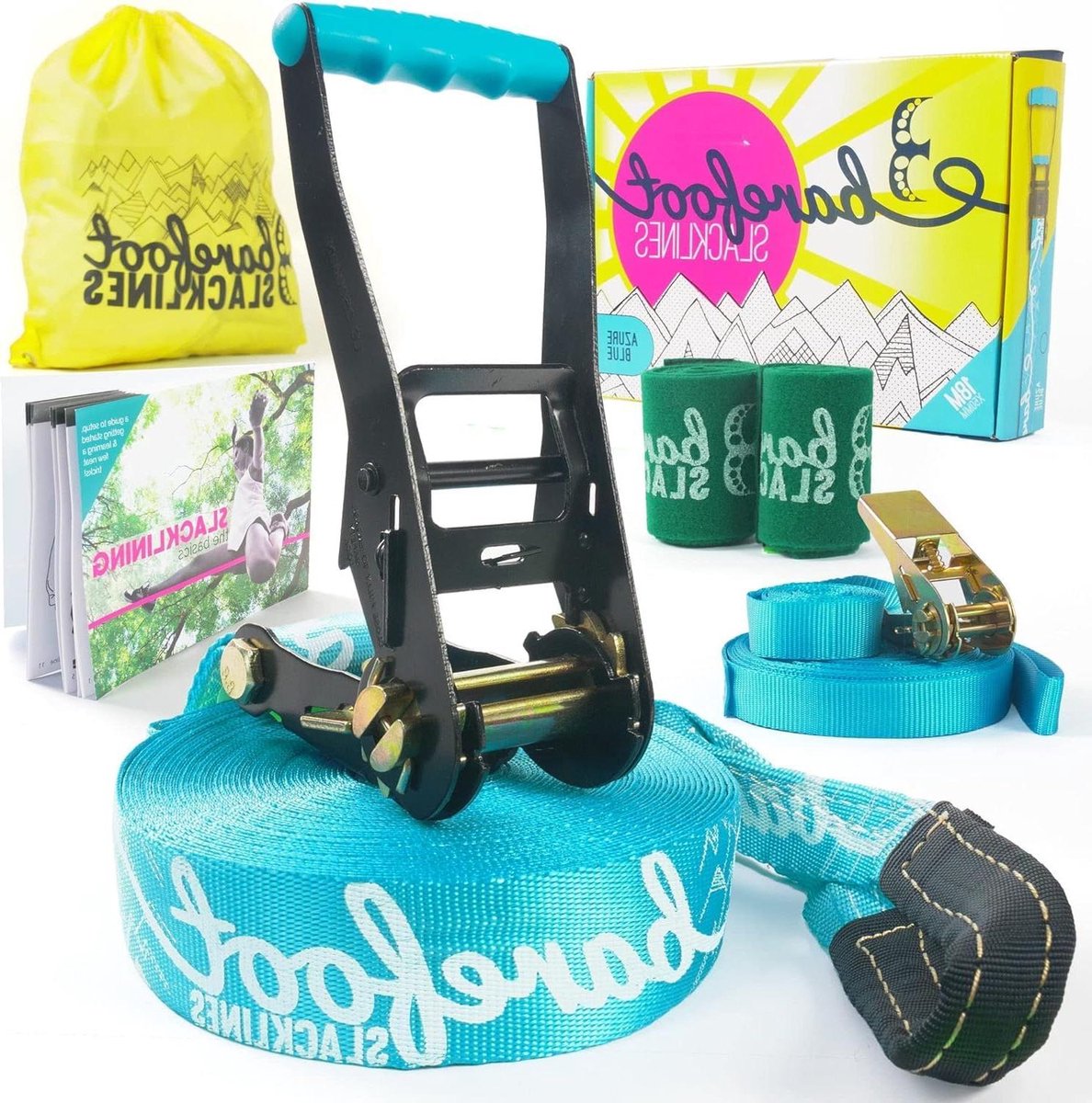 Barefoot Slackline Kit 60ft (18m) Complete Set Inclusief, Ratel, Training Line, Bark Protectors & Instructies! Ontworpen voor zowel kinderen als volwassenen - (Azure Blue)