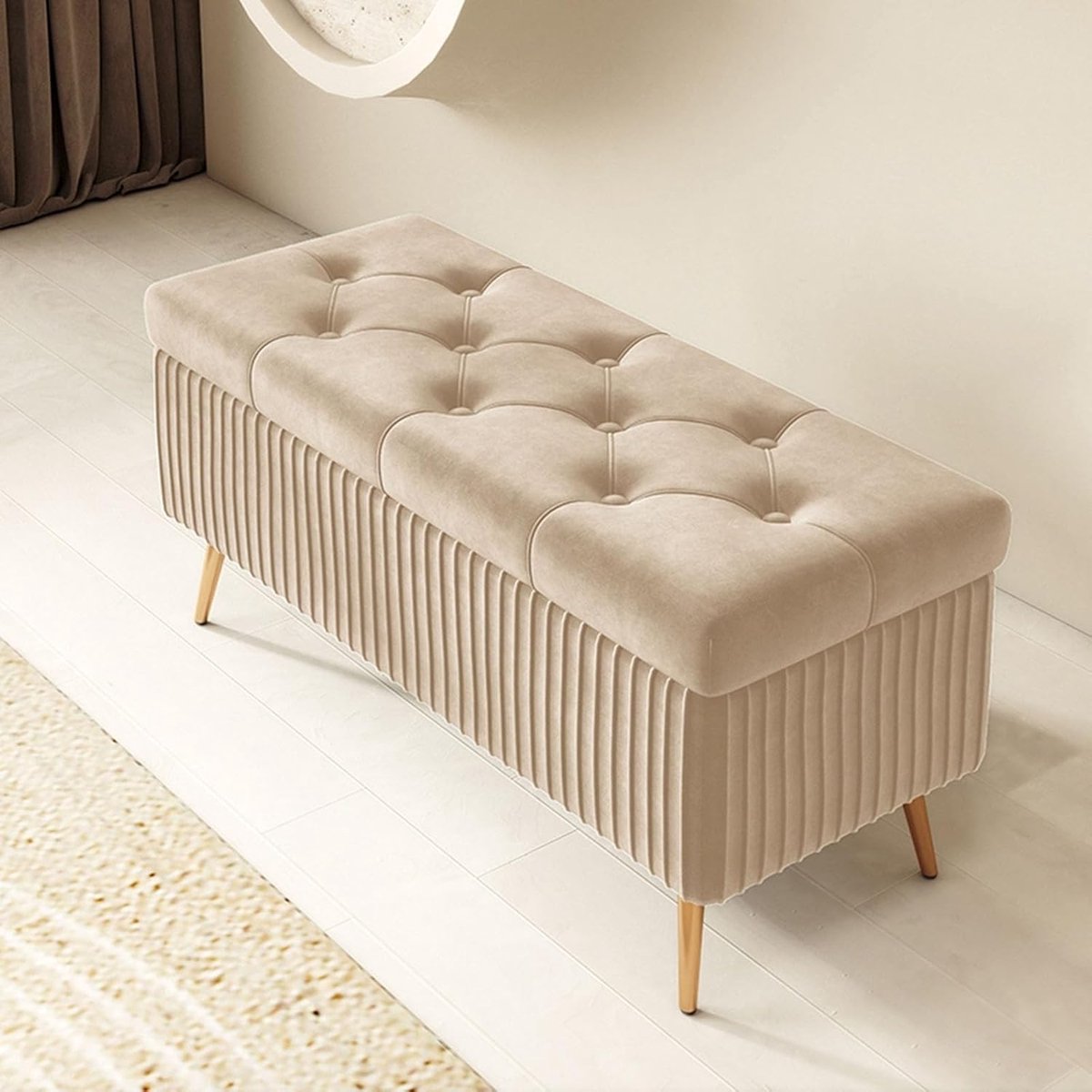 Opbergbank - Ottomane Bank Voetsteun - Extra Zitruimte - Gepolsterde Stof Knoppen - 100cm - Beige