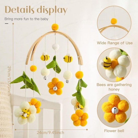 Wiegmobiel - Hangend ornament voor de wieg - Thema: bloemen en bijen - Hangend speelgoed voor de wieg - Een geweldig hulpmiddel om je baby te kalmeren, geschikt voor wiegjes — afbeelding 4