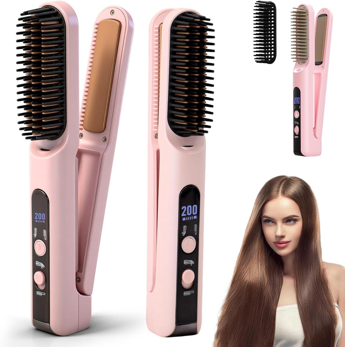 Stijltangborstel - Haarstijltang - 2-in-1 Ionische borstel - Stylingborstel - Met 4 warmtestanden - Keramisch - Verwarmde kam - Voor kort haar - Voor vrouwen - Draagbaar - Roze