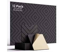 Geluidsisolerende schuimplaten voor wanden - Set van 12 zelfklevende geluidsabsorberende platen van 30,5 cm × 30,5 cm × 1 cm - Geschikt voor deuren, plafonds en thuiskantoren, zwart