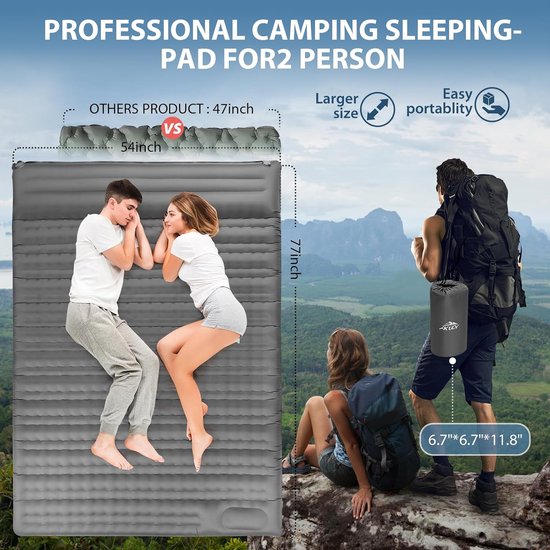 Dubbele Slaapmat - Campingmatras 2 Personen - Kamperen Buiten - Extra Dikke Comfort - 77 x 54 Inch - Grijs — afbeelding 5