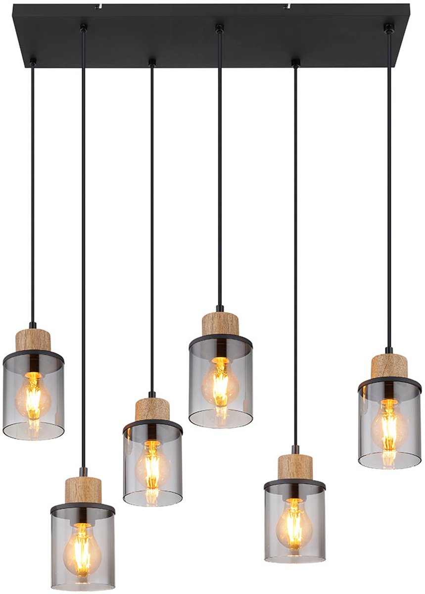 Hanglamp zwart eettafellamp 4 vlammen rookglas hanglamp hout in hoogte verstelbaar, metaal, 6x E27 fitting, LxBxH 62x18x120 cm