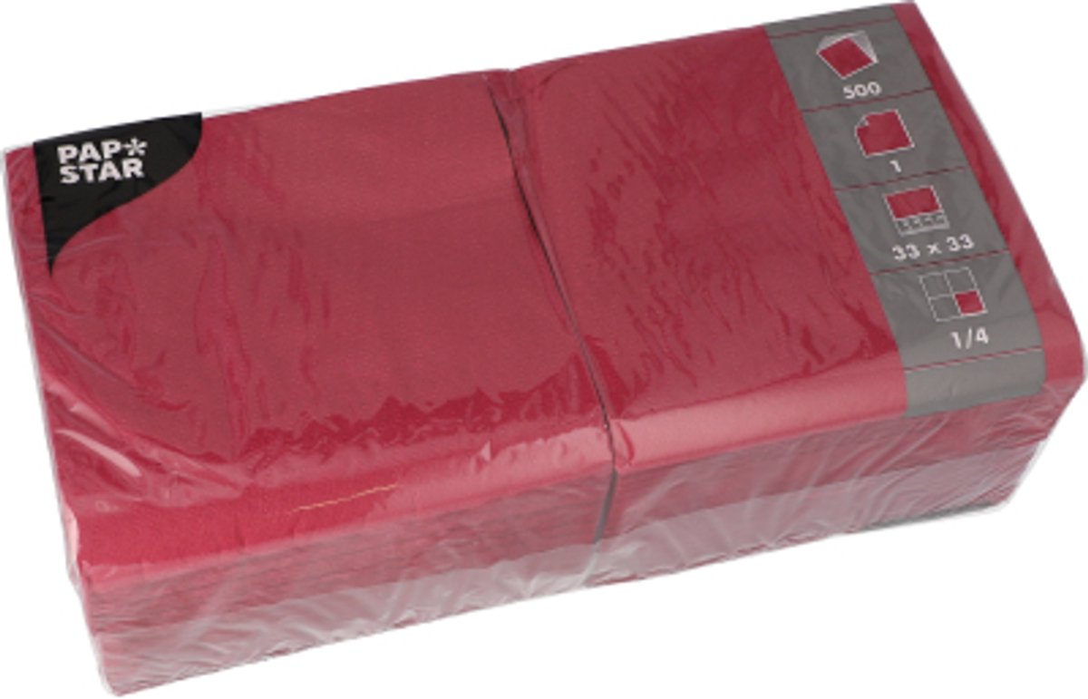 10x 500 Servetten 1-laags 1/4 vouw 33 cm x 33 cm wijnrood