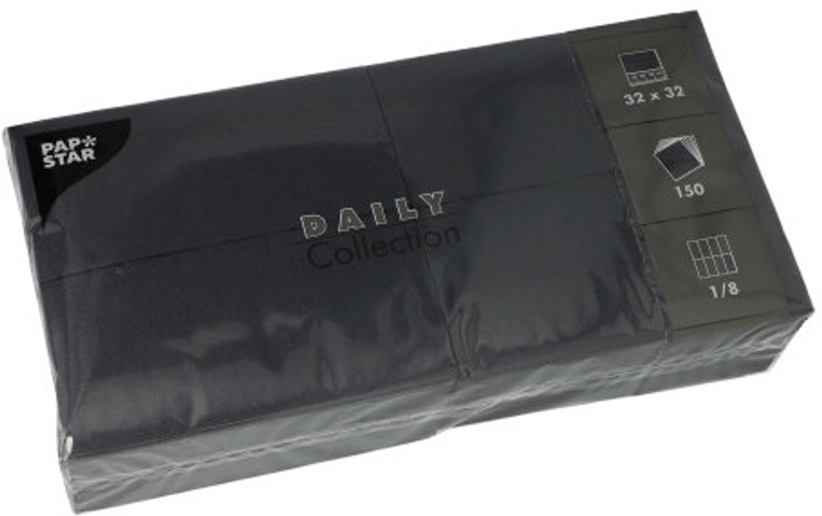 6x 150 Servetten DAILY Collection 1/8 vouw 32 cm x 32 cm zwart