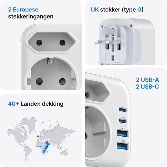 Witte reisstekker met 2 Europese stopcontacten, VK stekker (type G) en 40+ landen dekking, 2x USB-A & 2x USB-C.