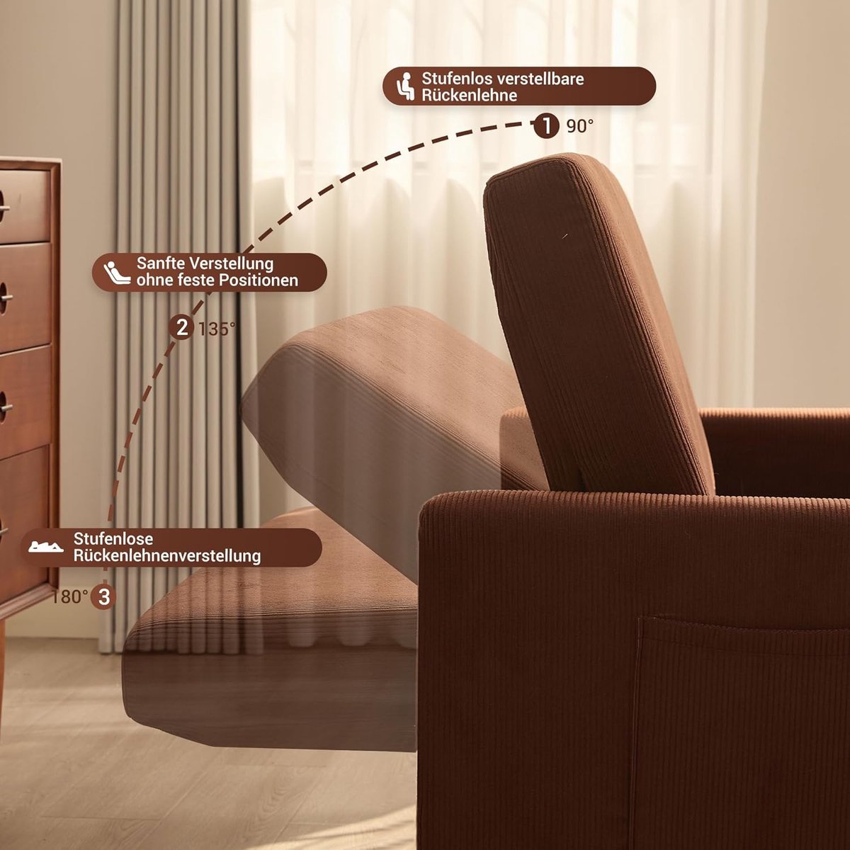 Slaapbank 2-zits 132x90x88 cm – Uitschuifbare Loveseat met Verstelbare Rugleuning 90°–180°, Corduroy Stof, Zijvakken & Wielen – Compacte Sofa Bed voor Kleine Ruimtes – Bruin – Laura