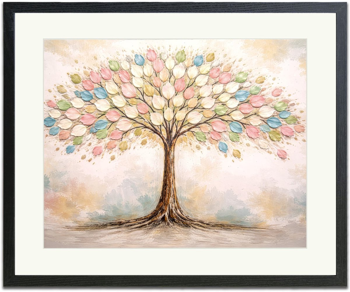 Kleurenboom - Ingelijste Muurkunst - 63x53cm zwart frame - Glasplaat en Passe-partout - Museum kwaliteit print