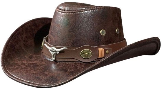 Bruine cowboyhoed met een leren band en bull-hoofd versiering.