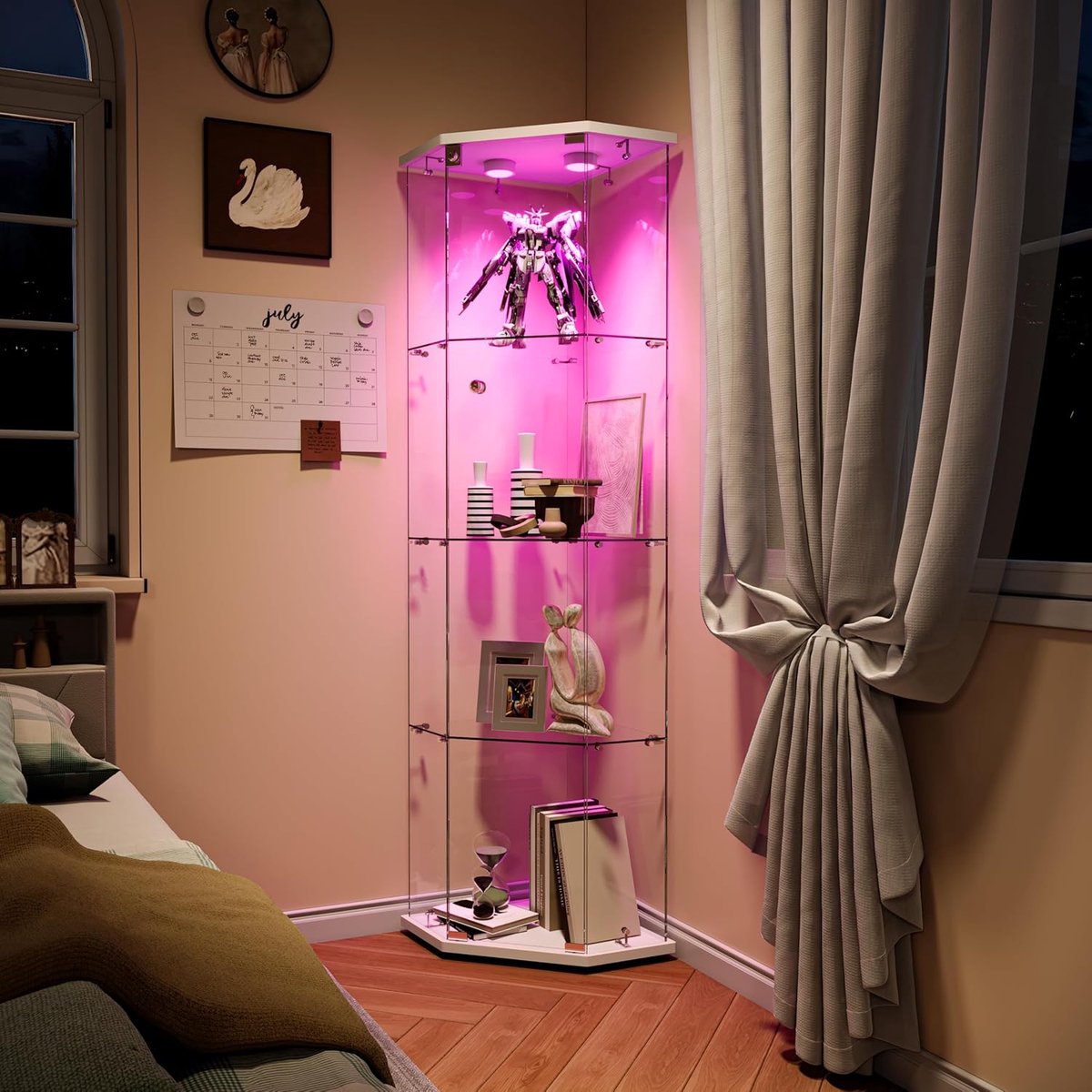 Glazen Vitrinekast - Hoekvitrine Kast - Verzamelstukken Tonen - Met LED Verlichting - 162x60x42.5cm - Wit
