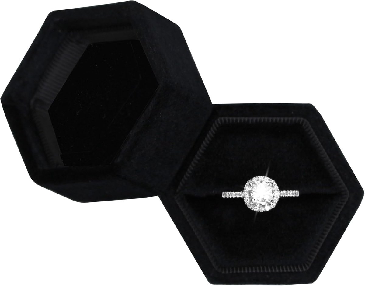 Hexagon Ringdoosje - Fluwelen Sieradendoosje - Verlovingsring Presentatie - Enkele Sleuf Design - Compact Formaat - Zwart