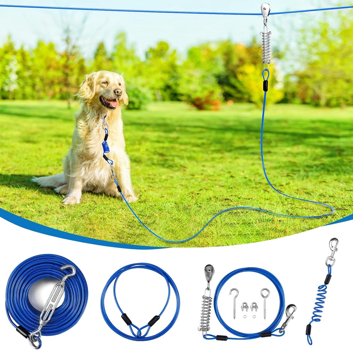 Hondenloper Tuin - Tokkelbaan systeem - Ruime beweging - Elastische kabel - 305 meter - Blauw