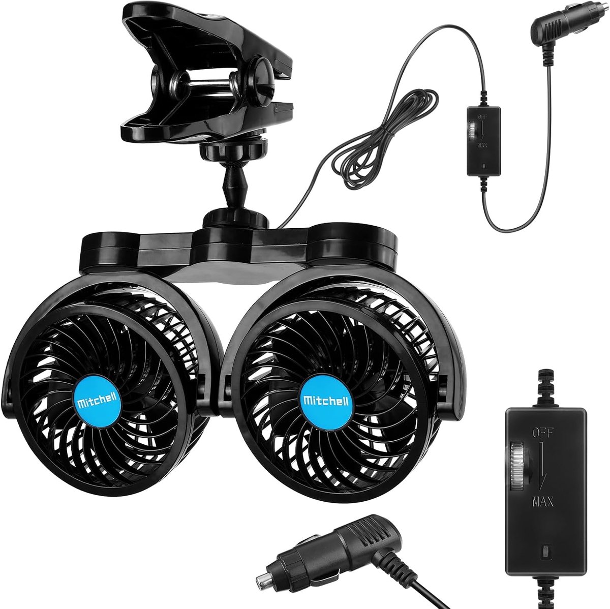 Auto Ventilator - Dubbele Kop - Auto Koeling - 360 Graden Draaibaar - 10 cm - zwart